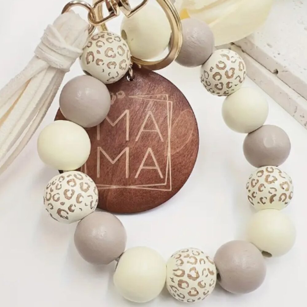 Boho Leopard Beaded Tassel Keychain Bracelet with wooden MAMA Pendant